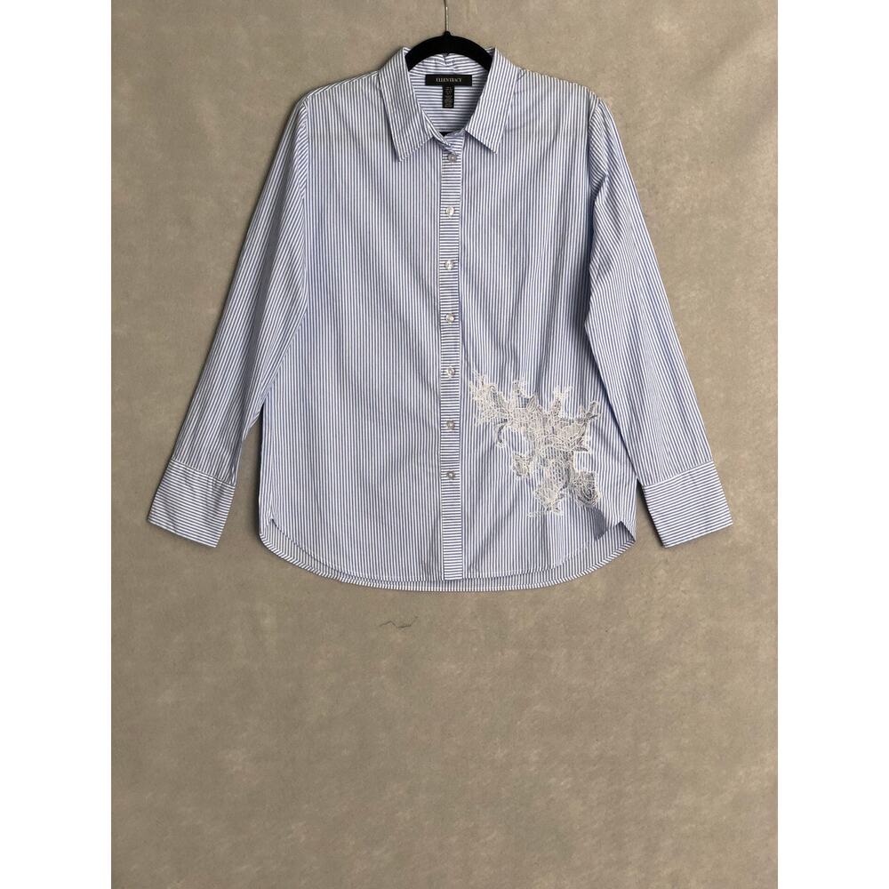 Ellen Tracy Stripe Top Long Sleeve with Lace Detail Women's Small NEW